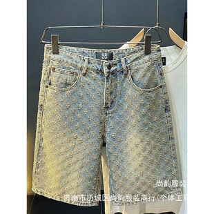 2025 American New Style Denim Shorts Men's Summer Loose Straight Ripped Jacquard Feel Five-Point Wholesale