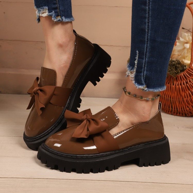 Women's Lus Size Bow Low Top Single Shoes Slip-On Leather Thick Soled Autumn New Style Size 43_vogvips.com