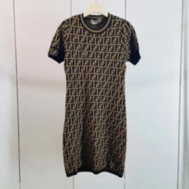 高版本经典老花字母提花圆领时尚中长款气质优雅修身短袖连衣裙