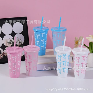 夏季爆款蝴蝶结24OZ吸管杯大容量PP单层塑料杯710ml可印刷Logo