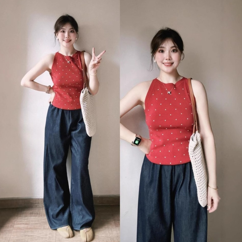 Korean Sweet and Cute Polka Dot Camisole Summer New College Style Slim Fit Sleeveless Top for Small People