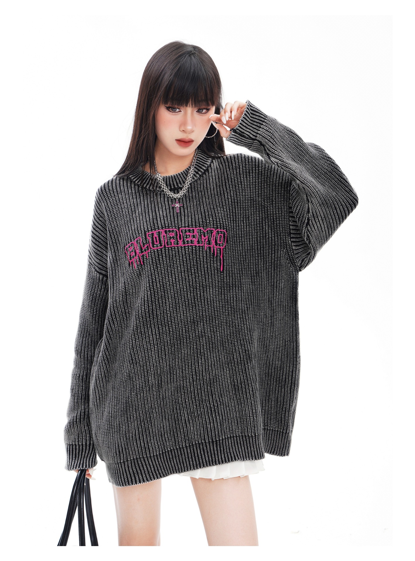 Vêtements pour hommes Automne et hiver haute rue rétro délavé à l'eau lettre broderie rue dynamitage à la mode tout match pull tricoté à col rond_voghion.com