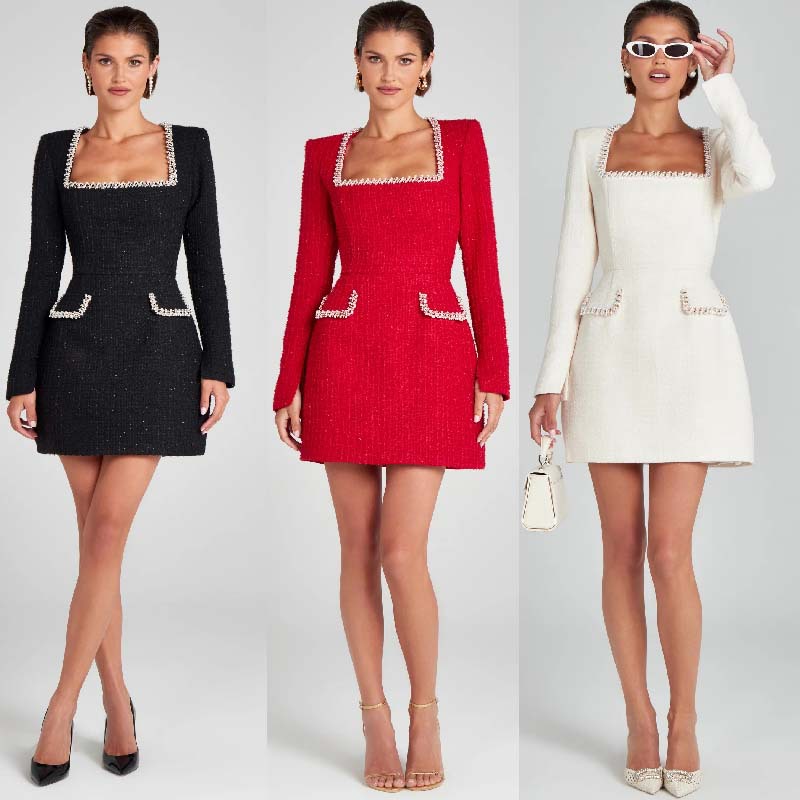 364g Weight Above Knee Dress Length Type Long Sleeve Sleeve Length Sheath Dress Dresses Type Polyester Fabric Type Mid Waist Waist Line Holiday, Cocktail Party Occasion Square Neck Neckline Slim Fit Type Color Block Pattern Spring, Autumn Season Women's Gender Casual, Elegant Style Wholesale Women's Casual Elegant Color Block Holiday Cocktail Party Square Neck Long Sleeve Sheath Dress 无