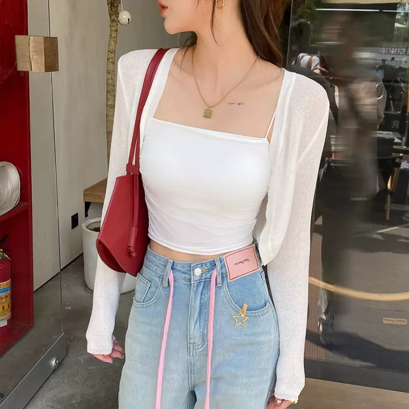 冰丝针织开衫女披肩夏季防晒薄款外搭短款长袖坎肩空调衫罩衫上衣