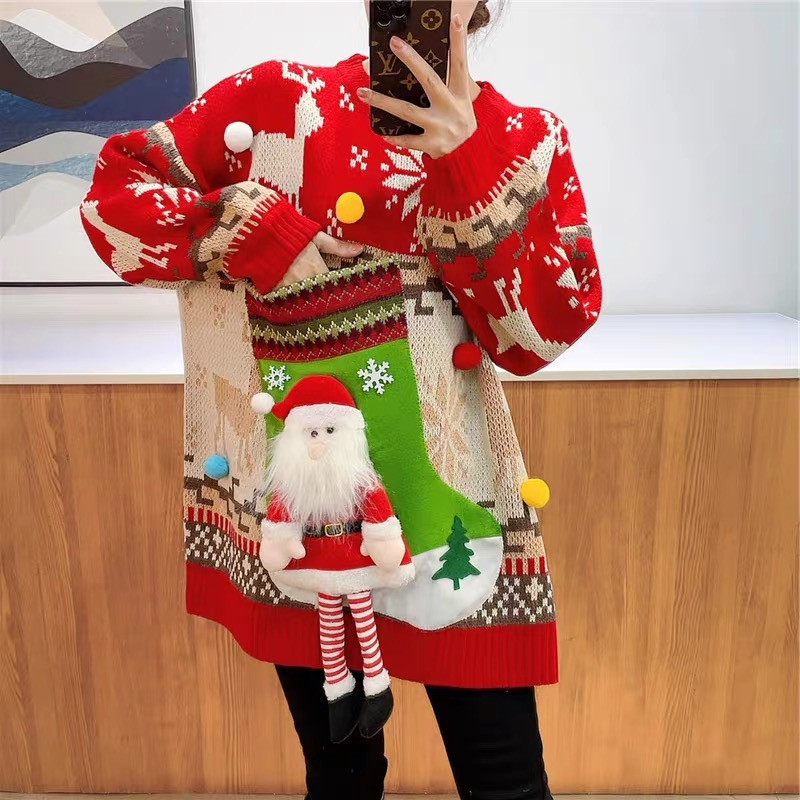 2024 Autumn and Winter New Korean Style Sweater Women's Easiest for Match Santa Socks Pocket New Ladies Fawn Sweater