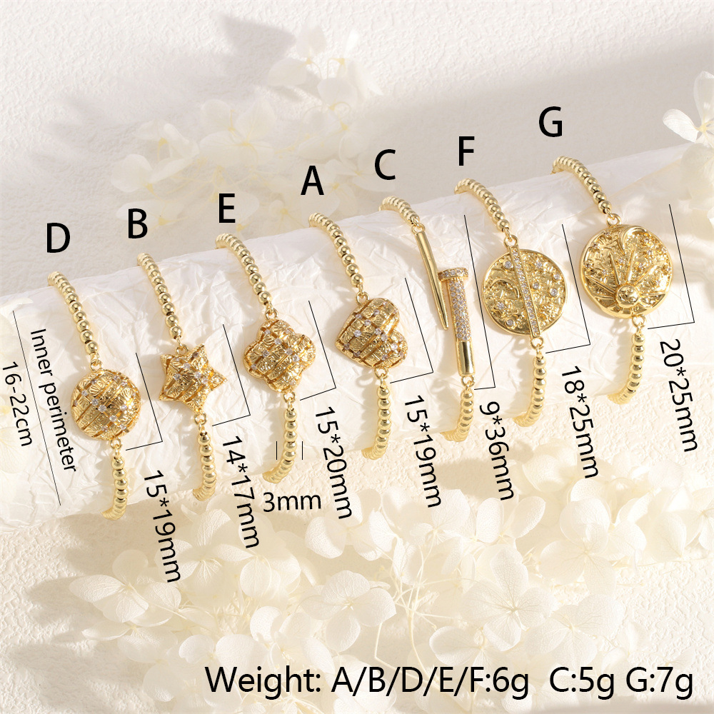 10g Weight Copper Pendant Material Zircon Inlay Material Bracelets Classification Copper Chain Material Daily Occasion Copper Material Sun, Moon, Heart Shape Pattern Women's Gender Beaded, Star Design Simple Style Style Copper Simple Style Beaded Star Sun Moon Heart Shape Zircon Bracelets 1