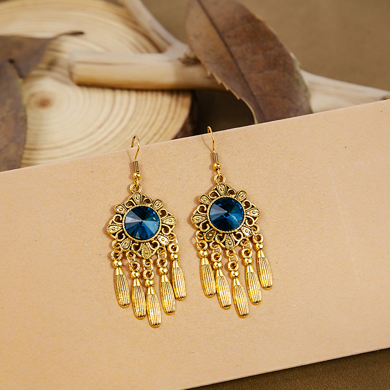 Ethnic Style Bohemian Geometric Alloy Tassel Plating Inlay Turquoise Rhinestones Women's Drop Earrings 1 Pair display picture 13