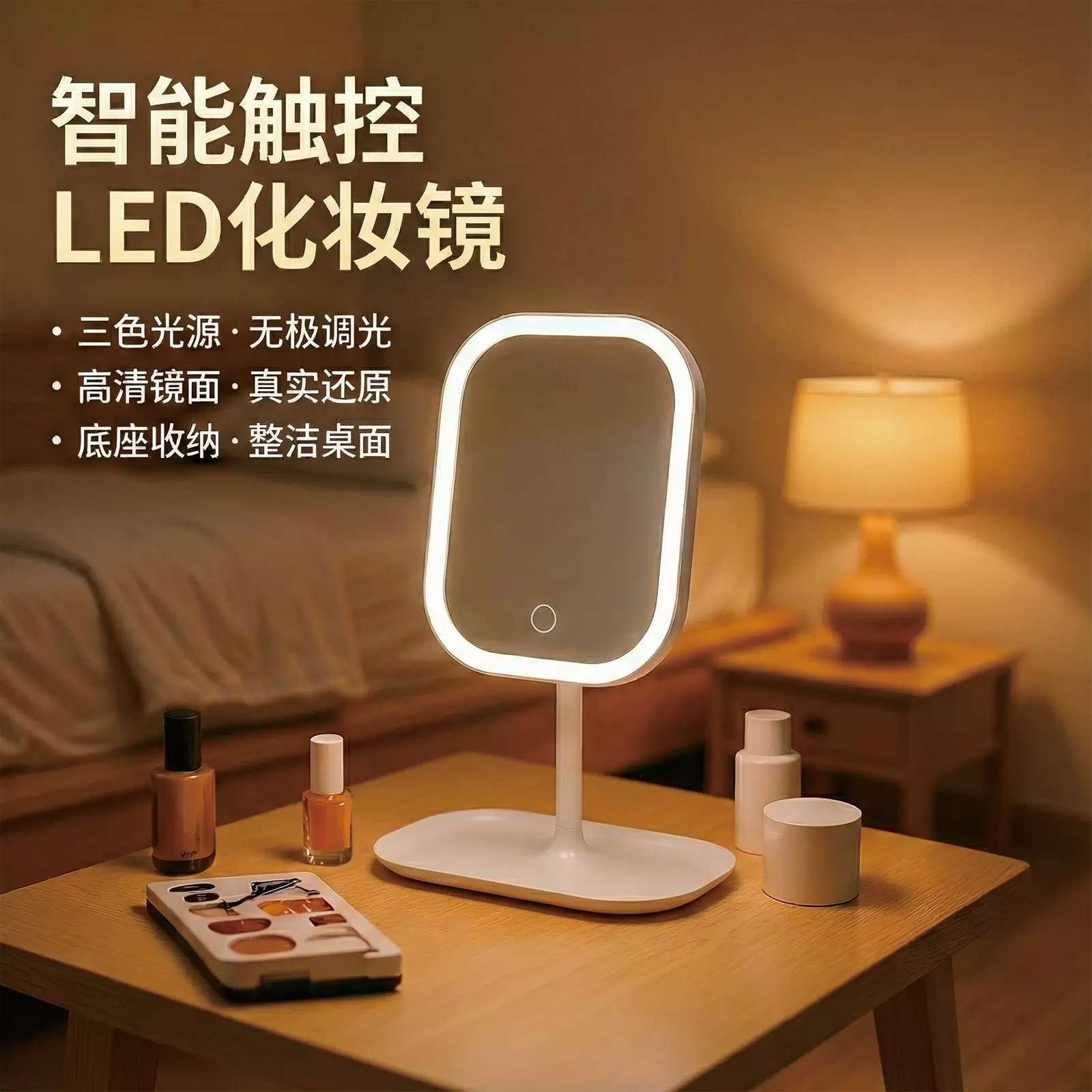 跨境led智能化妆镜带灯女生卧室梳妆台梳妆镜学生宿舍桌面镜子
