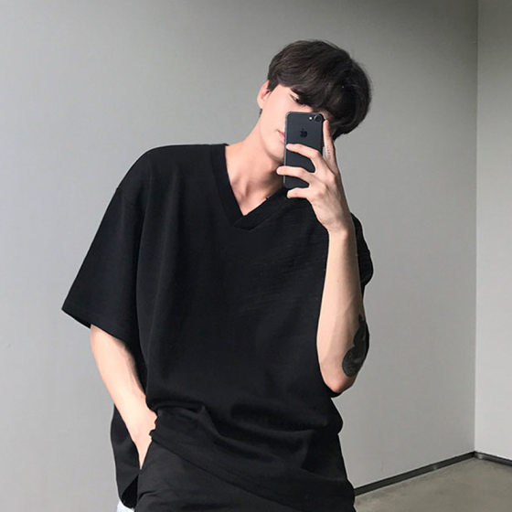 MYQ Summer Boys Korean V-neck Short-sleeved T-shirt Solid Color Loose Half-sleeved T-shirt Couple Hong Kong Style Clothes