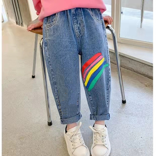 Girls' jeans, children's spring and autumn new style children's trousers, stylish children's casual pants, baby pants worn outside