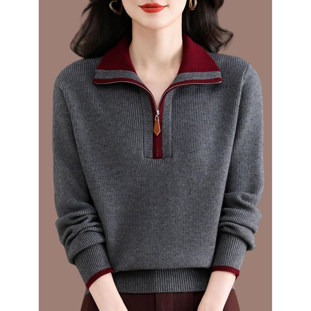 New autumn and winter half-zip turtleneck knit sweater for women, thickened inner top, loose-fitting, tummy-covering base shirt