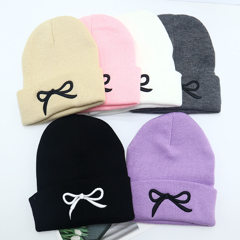 新款蝴蝶结毛线帽女学生秋冬针织包头帽男日系保暖韩版冷帽子批发