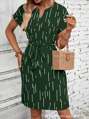 2025 Summer New Arrival European and American Style Cross-Border Elegant Printed V-Neck Batwing-Sleeve Waist-Slimming Dress