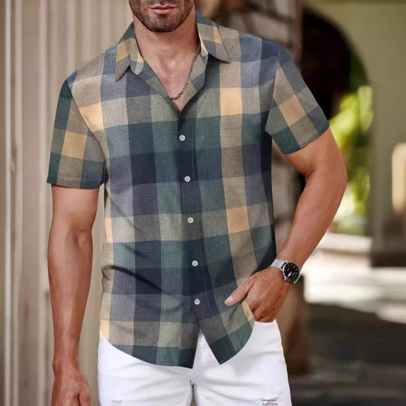 Cross-border European Plaid Shirt Style Men's high quality Short-sleeved Casual 2025 New Foreign Trade Explosions European and American Style