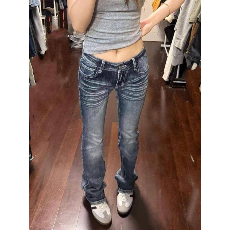 W2F实价#复古深色微喇牛仔裤女秋新款低腰辣妹弹力马蹄裤高个子裤|undefined