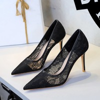 1963-1 Sexy Lace High Heels with Shallow Mouth and Sharp Point for Slimming Nightclub Style Mesh Fine Heels Single Shoes