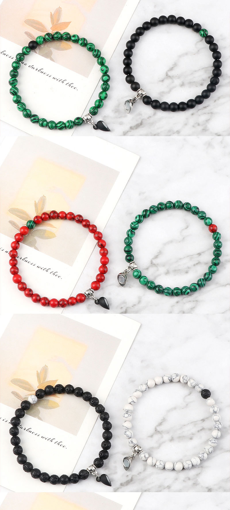 Couple Beaded Magnetic Bracelets With Heart Shaped Buckle Set_voghion.com