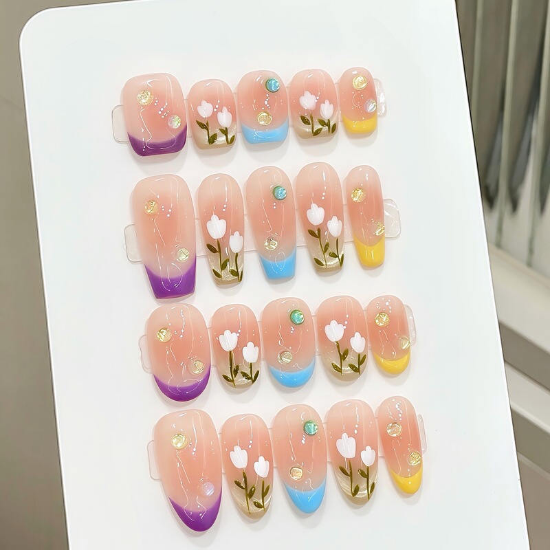 Yihe Nail Art Spring and Summer New Macaron Short Hand-painted Oil Painting Tulip Gradual Cat's Eye Hand-worn Armor