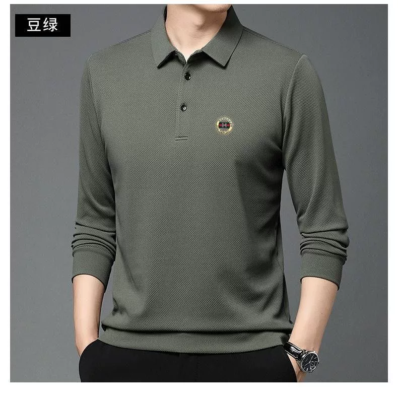 Осень 2023 Мужская футболка с длинными рукавами в ананасовую клетку средней зеленой однотонной рубашки поло с лацканами Мужской Повседневный Топ оптом