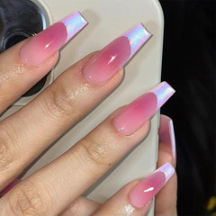 穿戴美甲成品批發幻彩粉法式邊指甲片批發美甲成品穿戴美甲長款