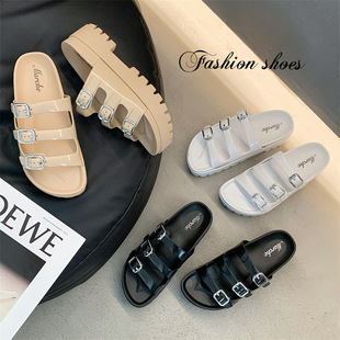 Thick Bottom Slippers Women's Fashionable All-match Outer Wear Slippers 2024 Summer New Three-breasted Internet Celebrous Beach Slippers