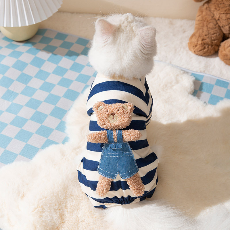Lindo oso rayas de cuatro patas ropa para el hogar Gato Azul muñeca de tela gato primavera y otoño gatito fino leche perro mascota ropa de gato