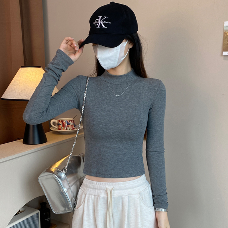 黑色长袖t恤女春秋螺纹半高领打底衫短款内搭中领修身显瘦上衣潮|undefined