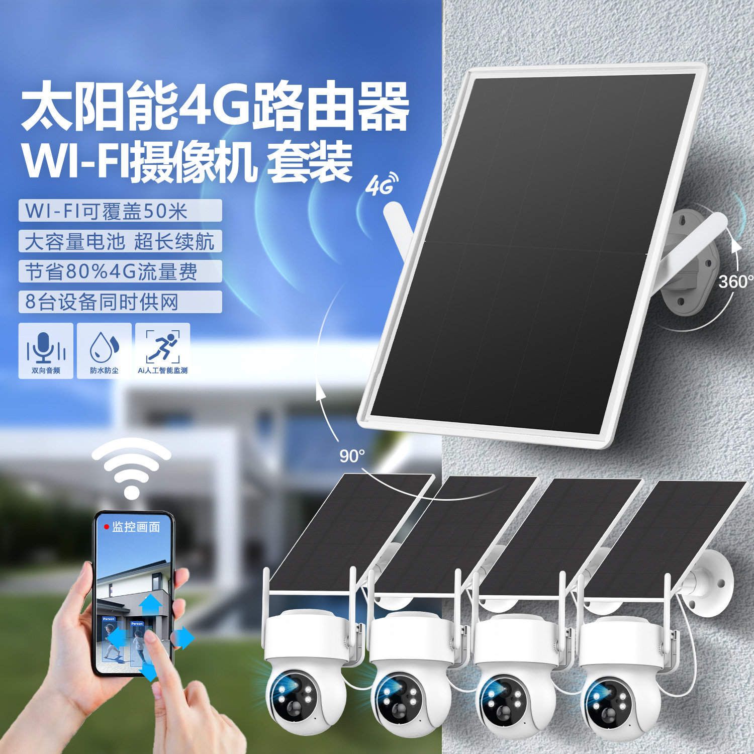 太阳能摄像头套装免插电监控4G路由器无线套包kit义乌商贸城批发