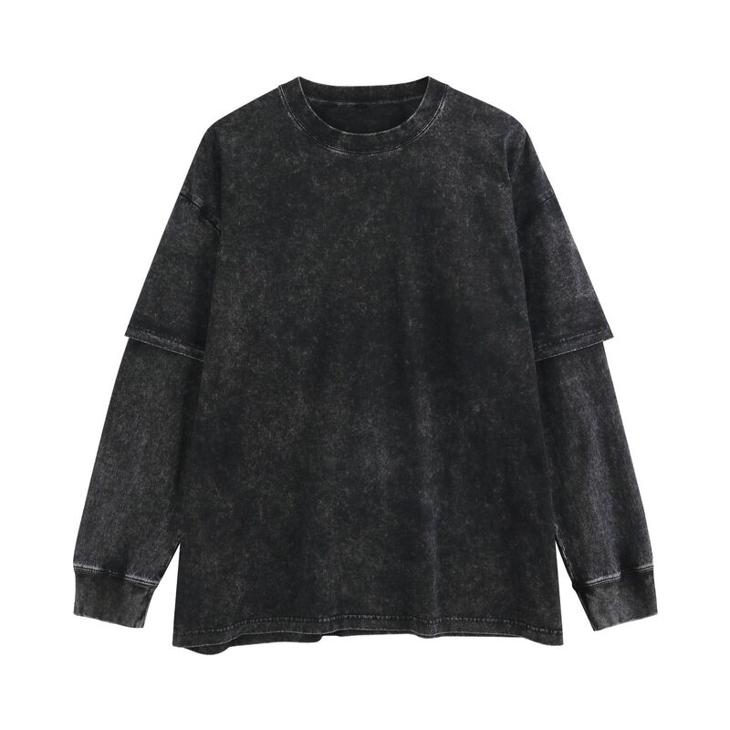Washed and Distressed Long-Sleeved T-Shirt, Oversized, Loose Fit, Unisex, Customizable with Prints, Washed, Round Neck, American Retro Style