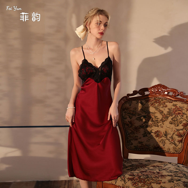 Feiyun sexy nightdress ice silk lace pajamas women's suspender skirt with chest pad bridal morning gown long homewear 517