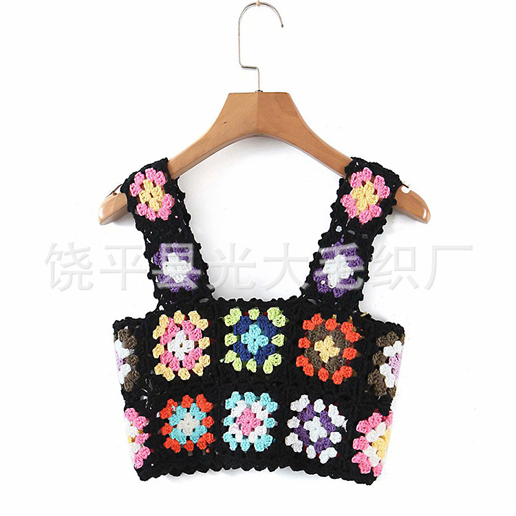 Hand Crochet Vest Suspender Beach Resort Style Chic Granny Plaid Stitching Short Women's Knitwear Top