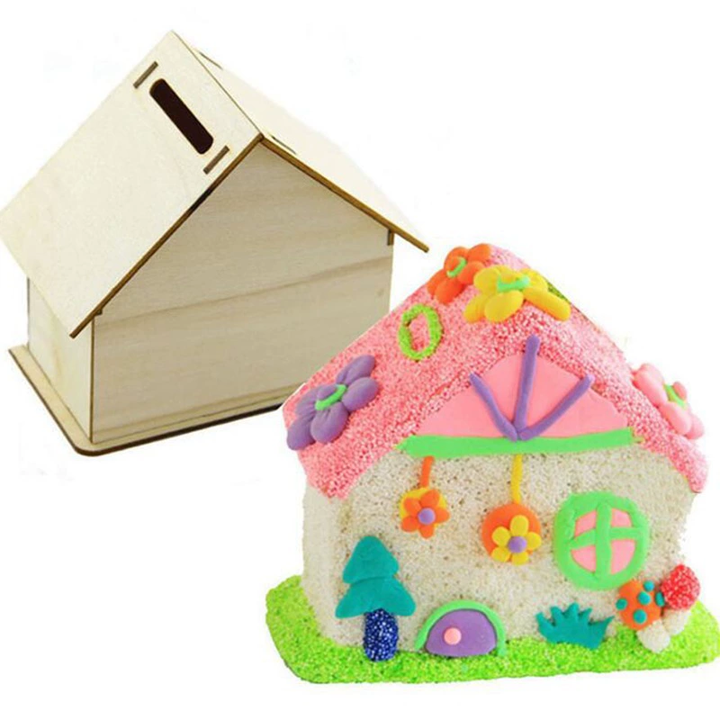 Деревянный DIY белый копилка-домик с жемчужной снежинкой, глиняный детский домик ручной работы из дерева