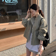 韩国chic春秋季翻领拉链设计宽松百搭长袖夹克衫机车服上衣外套女