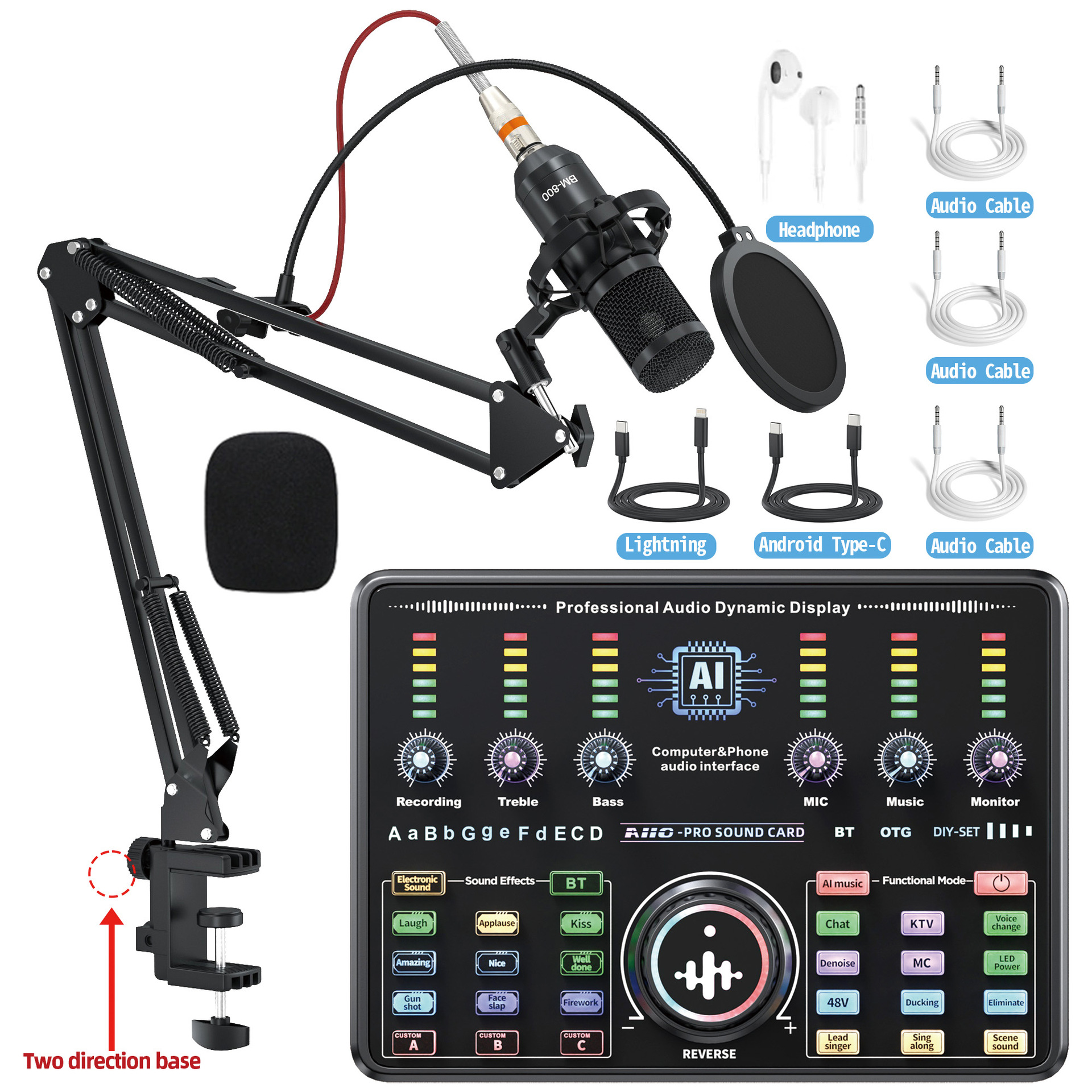 Cross-Border Temu New English Live Streaming Sound Card 48V Live Streaming Karaoke Computer Sound Card Game Pk Live Streaming Microphone Complete Set