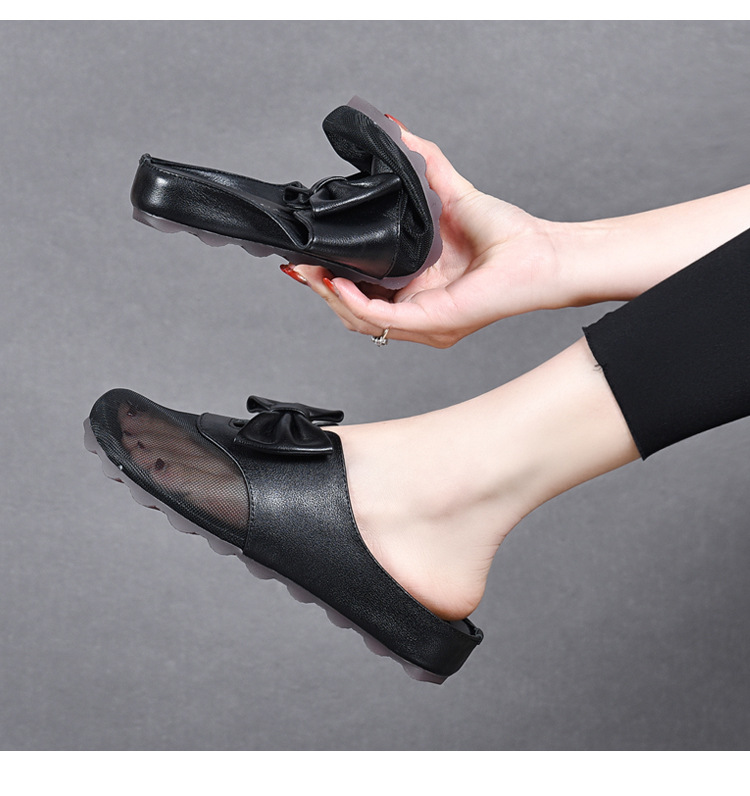 Dép sandal nữ bít mũi lưới thắt nơ da thật đế bằng mềm chống trượt — Màu đen chi tiết 5