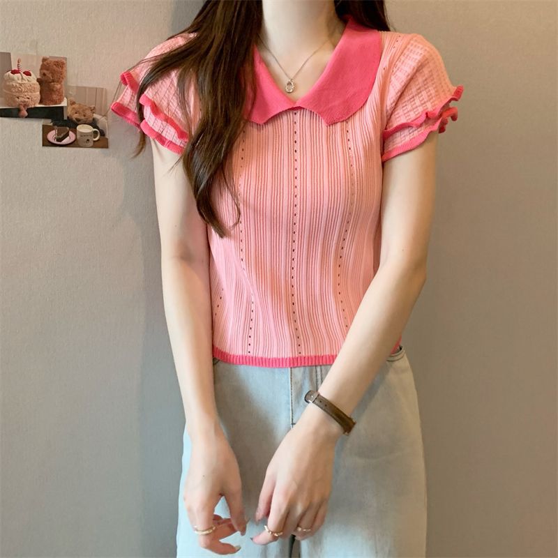 韓国人形襟セーター、女性用小袖トップス、夏デザイン、ニッチで甘い、小柄な人向け半袖|undefined