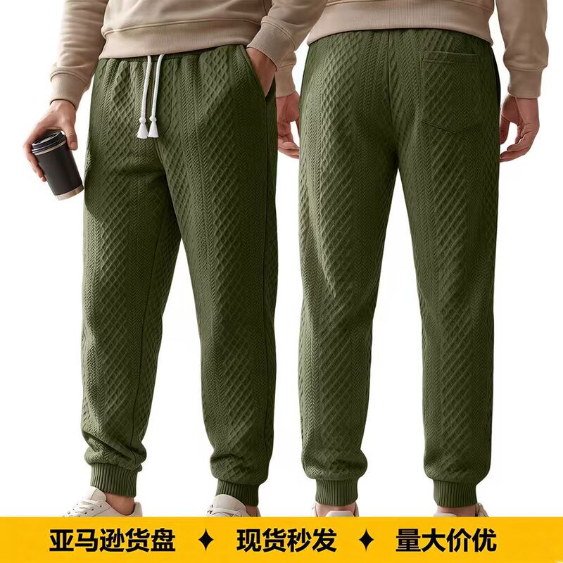 Cross-border TK men's clothing diamond jacquard jogger pants with drawstring elastic waist, back pocket, loose fit, sporty knitted cropped pants Cross-border TK men's clothing diamond jacquard jogger pants with drawstring elastic waist, back pocket, loose fit, sporty knitted cropped pants