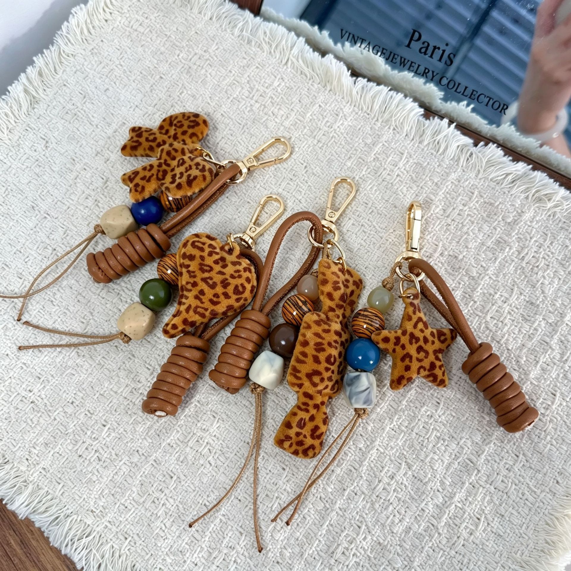 2026 new leopard print phone strap, colorful beaded woven keychain, bag charm, forest-style retro, factory wholesale
