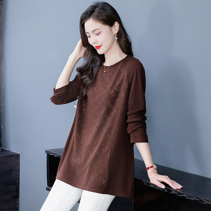 Autumn and Winter slimming loose elastic light mature jacquard brushed long-sleeved bottoming shirt T-shirt top middle-aged and elderly women's clothing