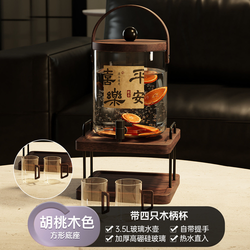 复古冷水壶带龙头玻璃耐热大容量凉水壶新中式酒店餐厅饮料果汁桶|undefined