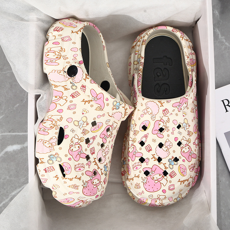 Super Thick Sole Hole Shoes Women's Summer New Student Sisters Black Beach Baotou Two-Wear Shoe Sandals and Slippers Women