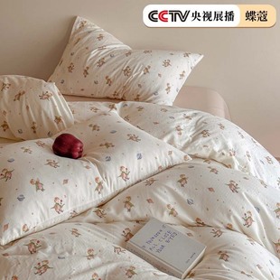 Class A cotton double-layer yarn four-piece bedding small fresh floral cotton bed sheet quilt cover dormitory three-piece set
