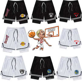 湖人队勇士队公牛队篮网队假两件短裤美式篮球运动短裤篮球裤美式