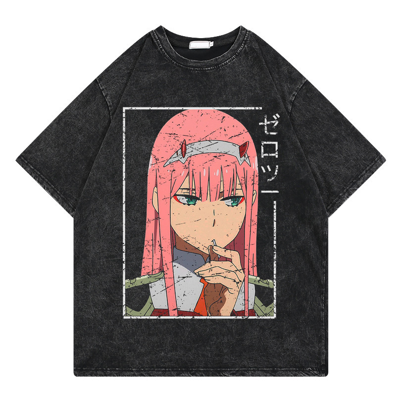 Washed retro T-shirt Street hip-hop animation FranXX cartoon print…