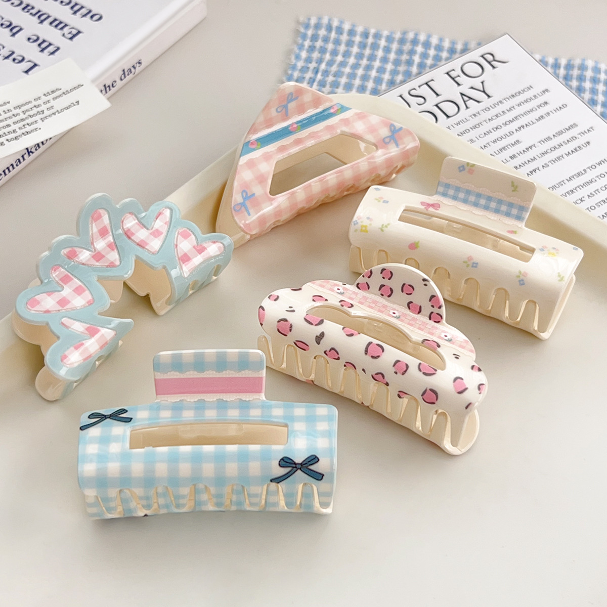 sweet girlish style floral plaid bow claw clip acrylic shark clip back head hair clip new hair accessories