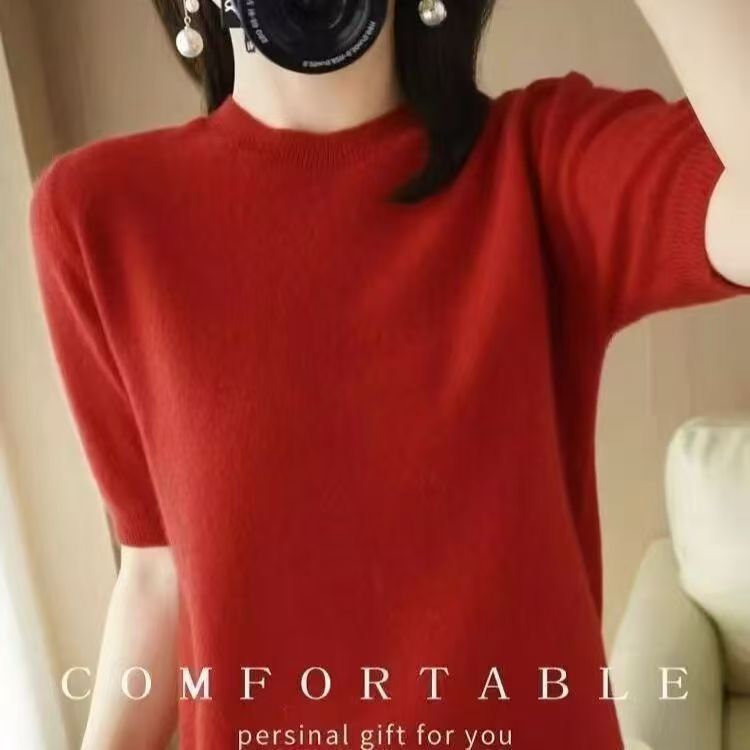 针织短袖薄款上衣女T恤2025春秋半袖羊毛打底衫圆领中袖宽松批发|undefined