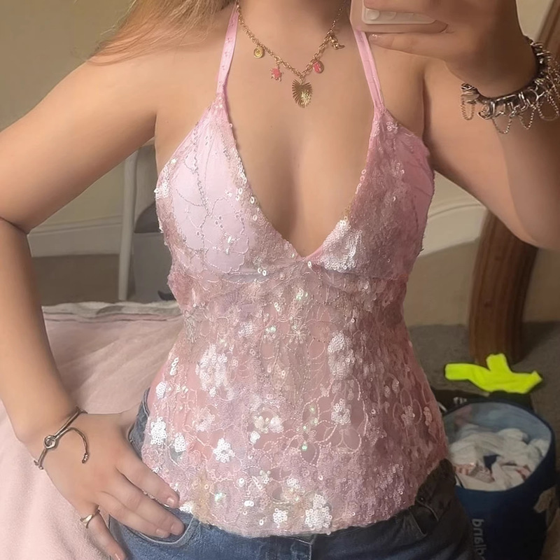 2025 Summer New Style Pure Desire Spicy Girl Embroidered Sequin Sexy Backless Lace Halter Tie-Up Camisole New