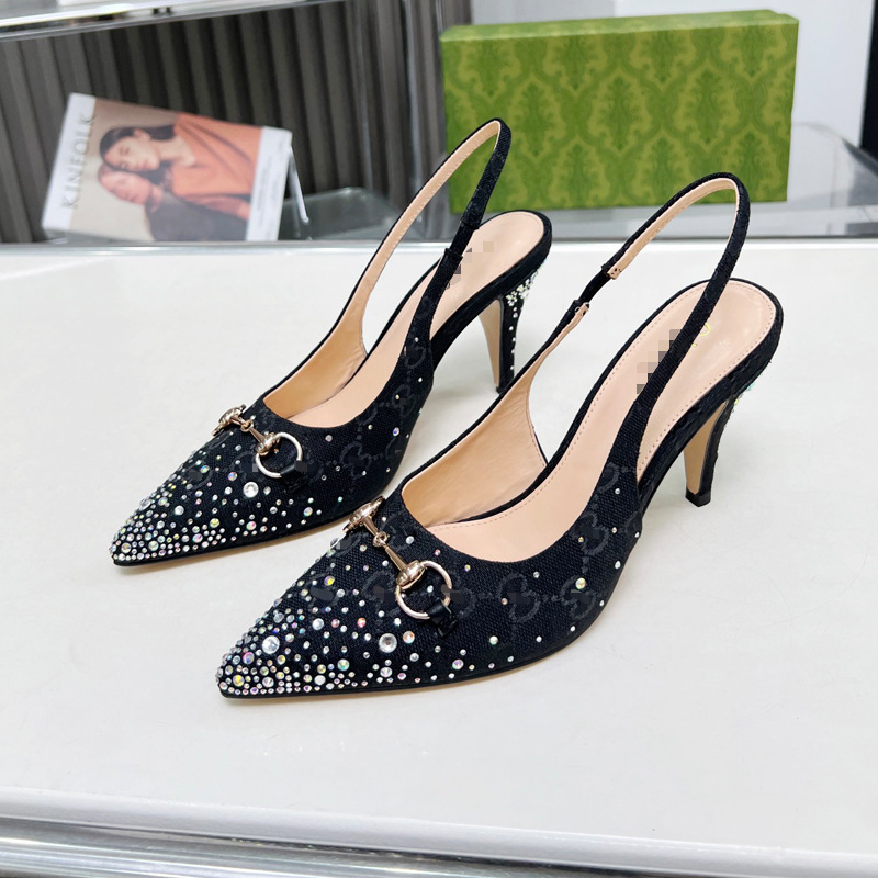 European and American fashion high heels 2025 new leather double G rhinestone metal horse buckle pointed toe high heel sandals cross-border