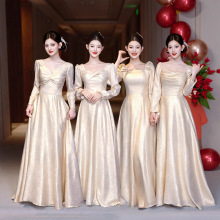 金色伴娘服2025新款秋冬季长袖高级小众婚礼姐妹团礼服裙平时可穿