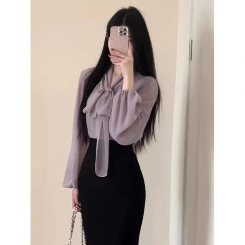 一整套韩系穿搭春秋新款轻熟风领系带衬衫上衣包臀半身裙两件套|undefined